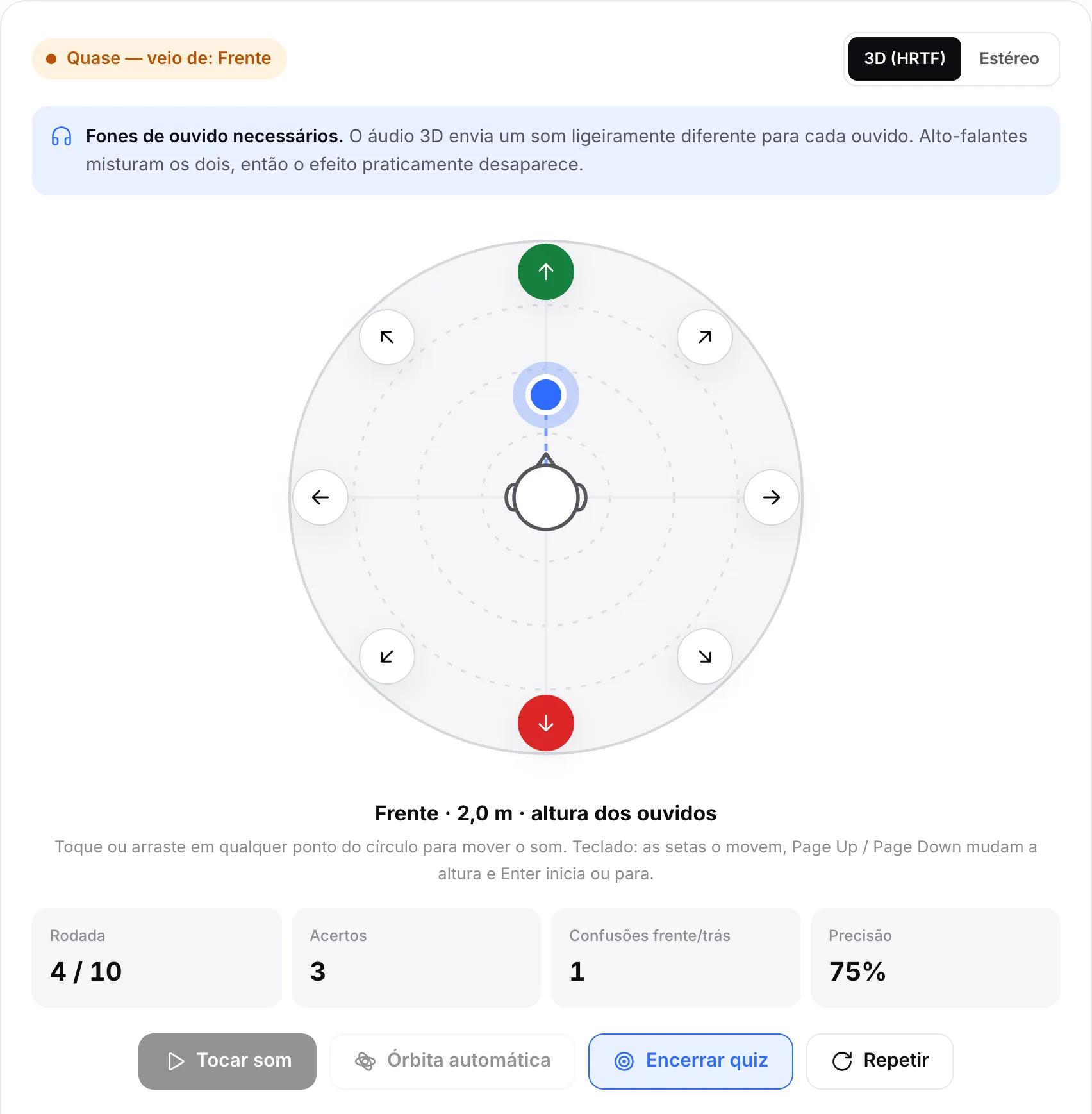Uma confusão frente/trás no quiz: a resposta Trás está marcada em vermelho, a direção verdadeira Frente está em verde e os contadores mostram 3 acertos e 1 confusão frente/trás