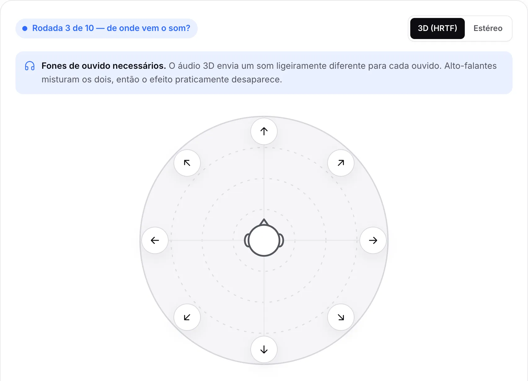 Rodada 3 de 10 do quiz: oito botões de seta ao redor da cabeça, aguardando você escolher a direção do som