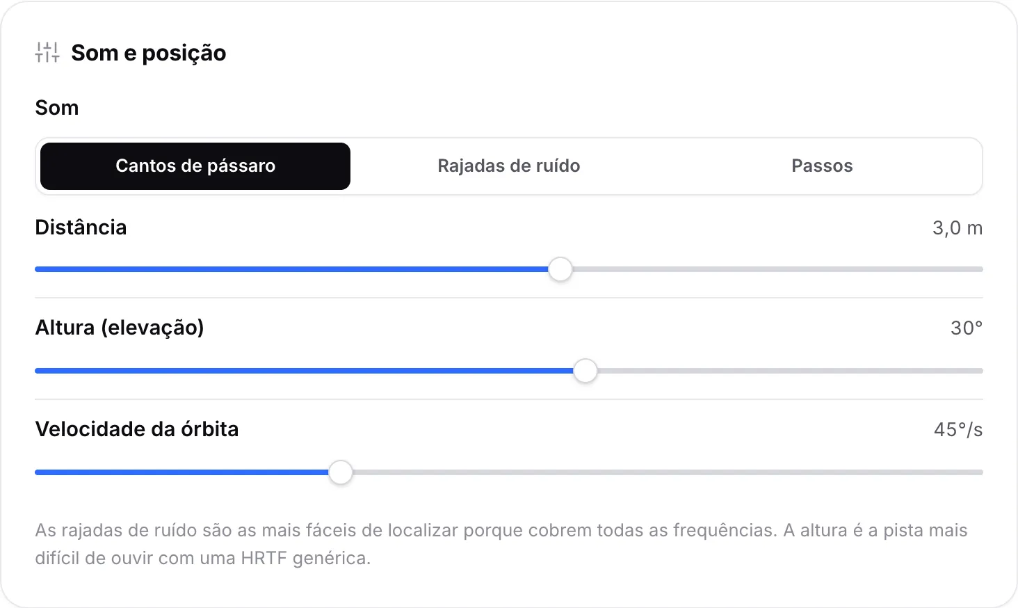 O painel Som e posição com Distância definida como 3,0 m e Altura (elevação) definida como 30°