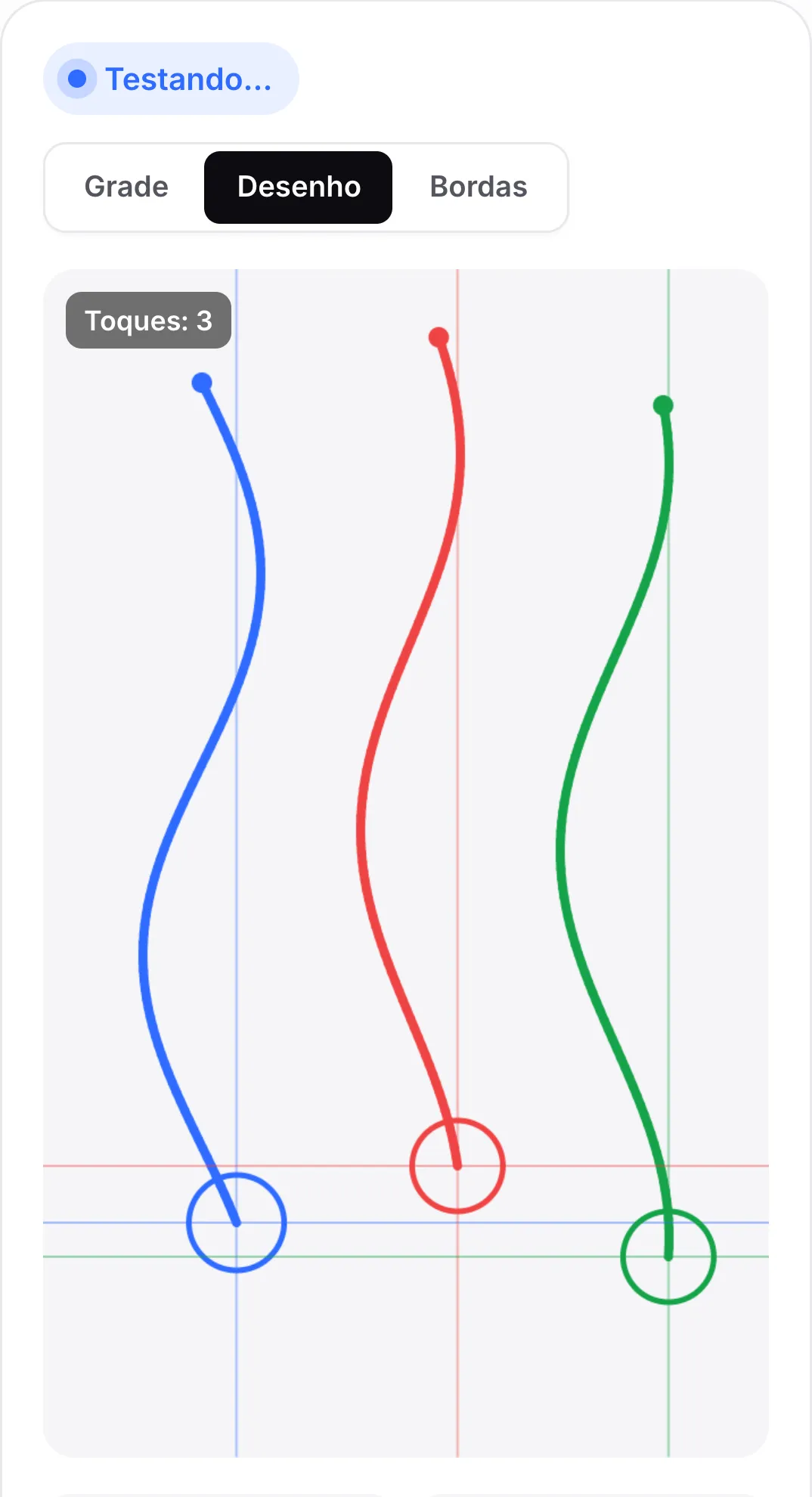 Modo Desenho com três linhas onduladas suaves em azul, vermelho e verde, uma por dedo, cada uma terminando em um anel sob o dedo
