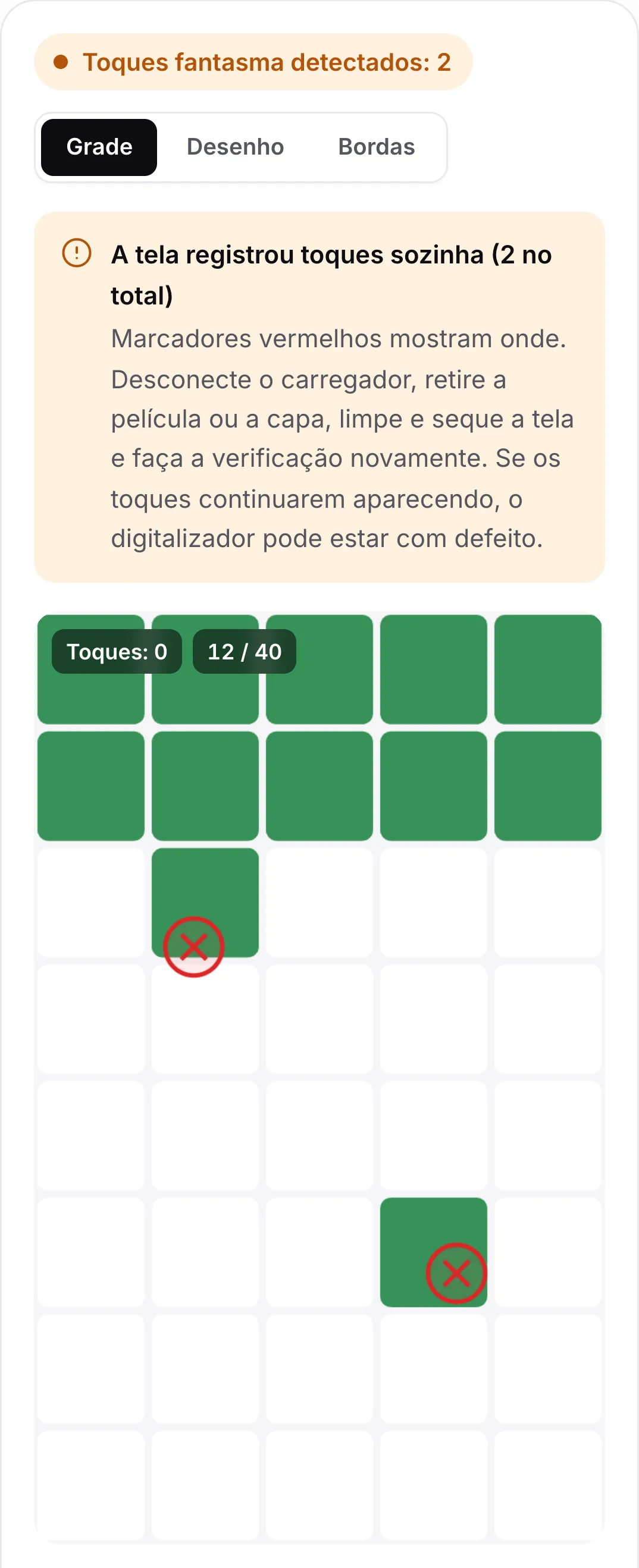 Resultado da verificação de toque fantasma: o status laranja “Toques fantasma detectados: 2”, o conselho de desconectar o carregador e limpar a tela e dois marcadores vermelhos na grade