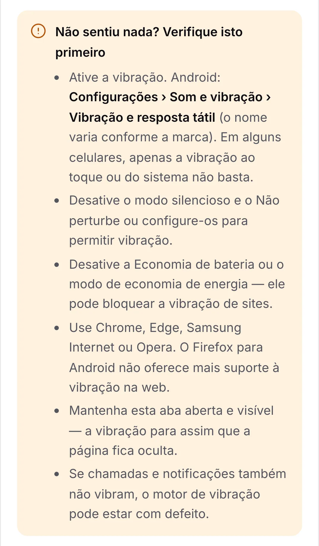 A lista “Não sentiu nada? Verifique isto primeiro” com seis dicas, começando por ativar a vibração nas configurações do Android