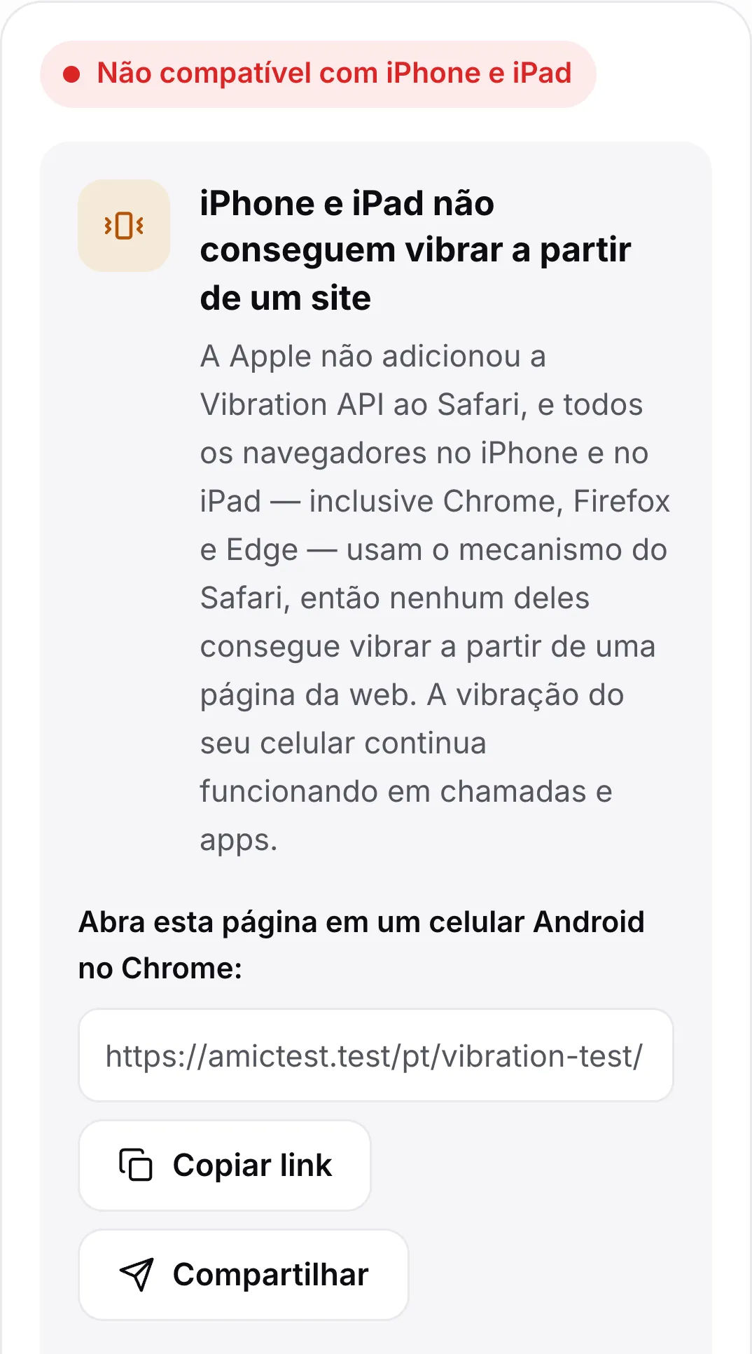 O teste de vibração em um iPhone: o status vermelho “Não compatível com iPhone e iPad”, uma explicação e um link para abrir a página em um celular Android