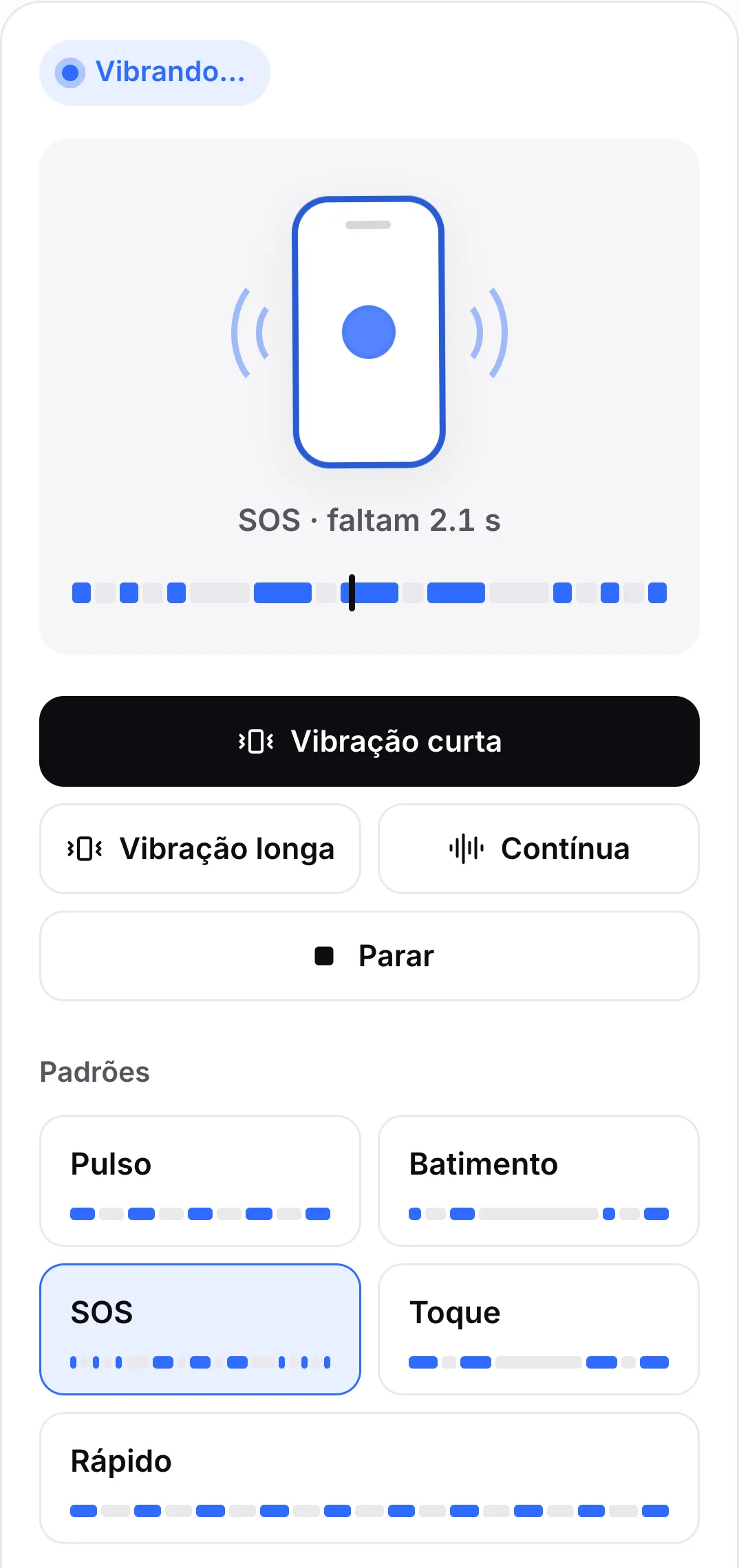 O padrão SOS tocando: seu botão está destacado e a linha do tempo acima dos botões mostra vibrações curtas e longas com o marcador em uma vibração longa
