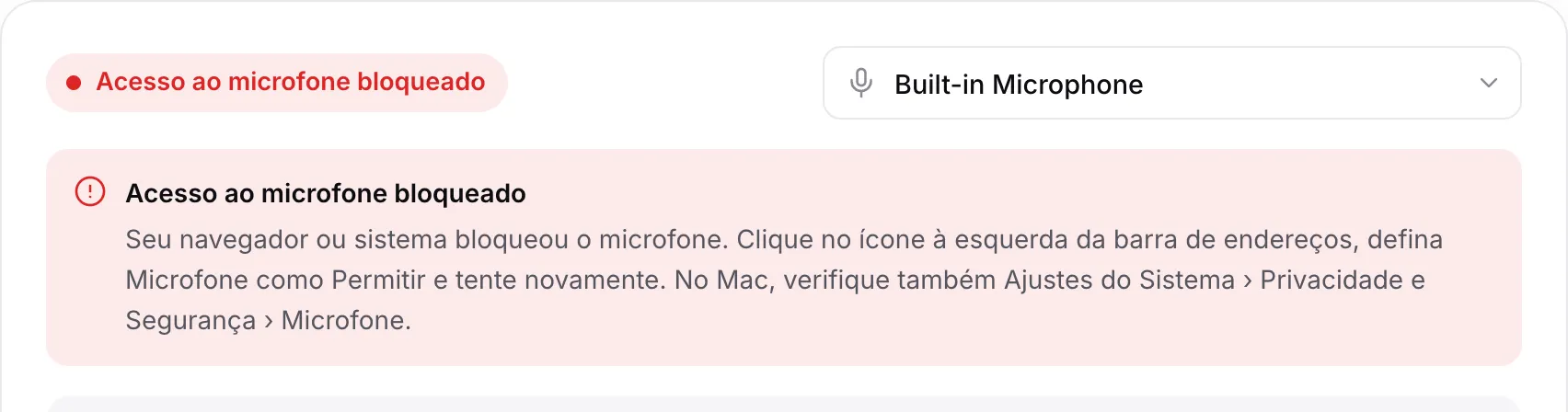 O afinador mostrando a mensagem vermelha “Acesso ao microfone bloqueado” com instruções