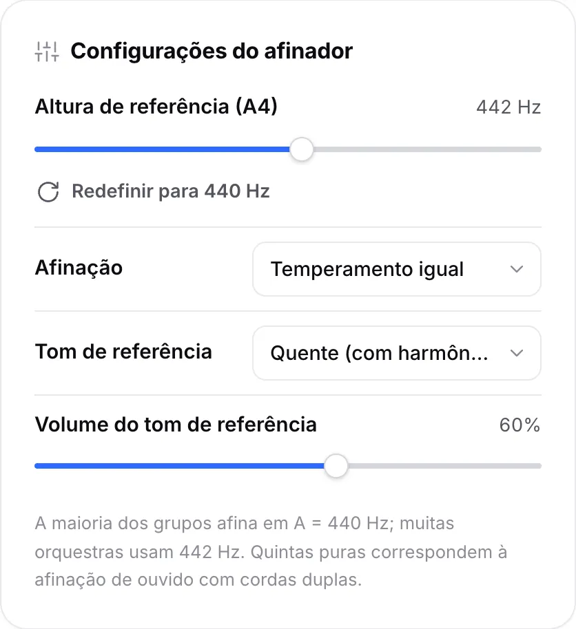 Configurações do afinador com o controle de altura de referência (A4) em 442 Hz, o menu de afinação e as opções do tom de referência