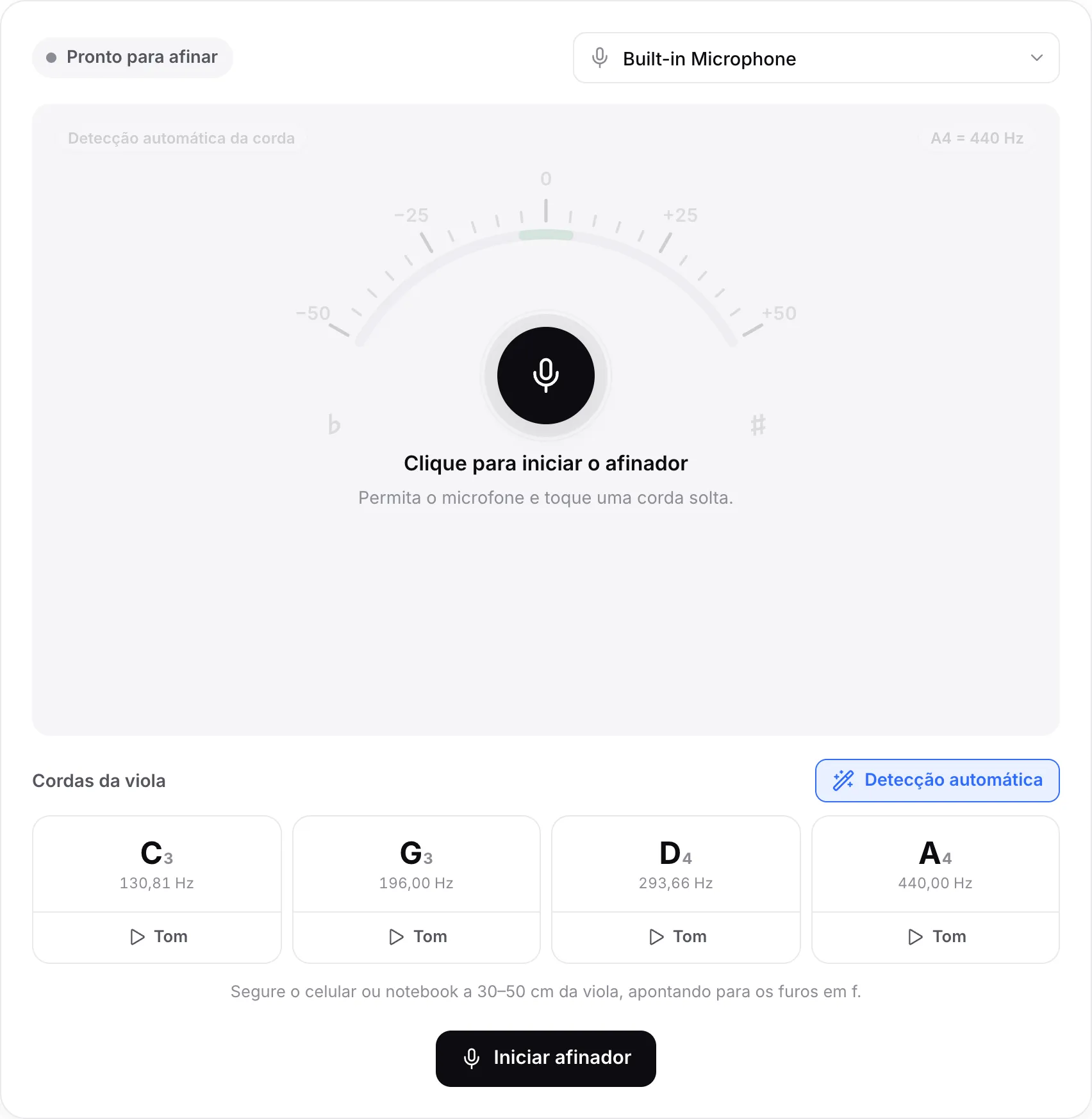 O afinador de viola antes de começar, com o botão Iniciar afinador, o menu de microfones e as quatro cordas C3, G3, D4 e A4
