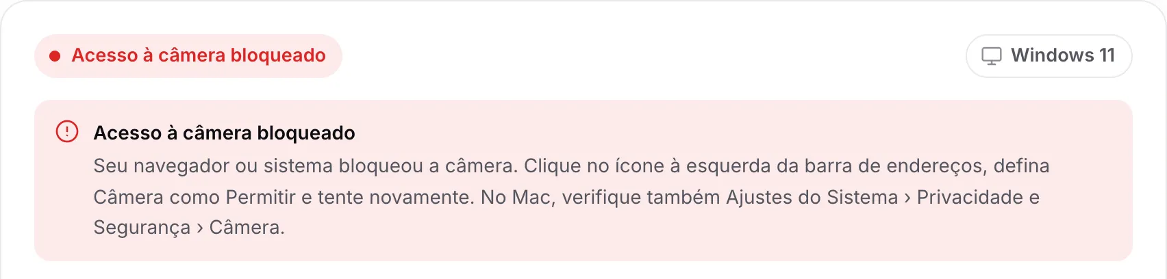 O localizador de driver de webcam mostrando a mensagem vermelha “Acesso à câmera bloqueado” com instruções
