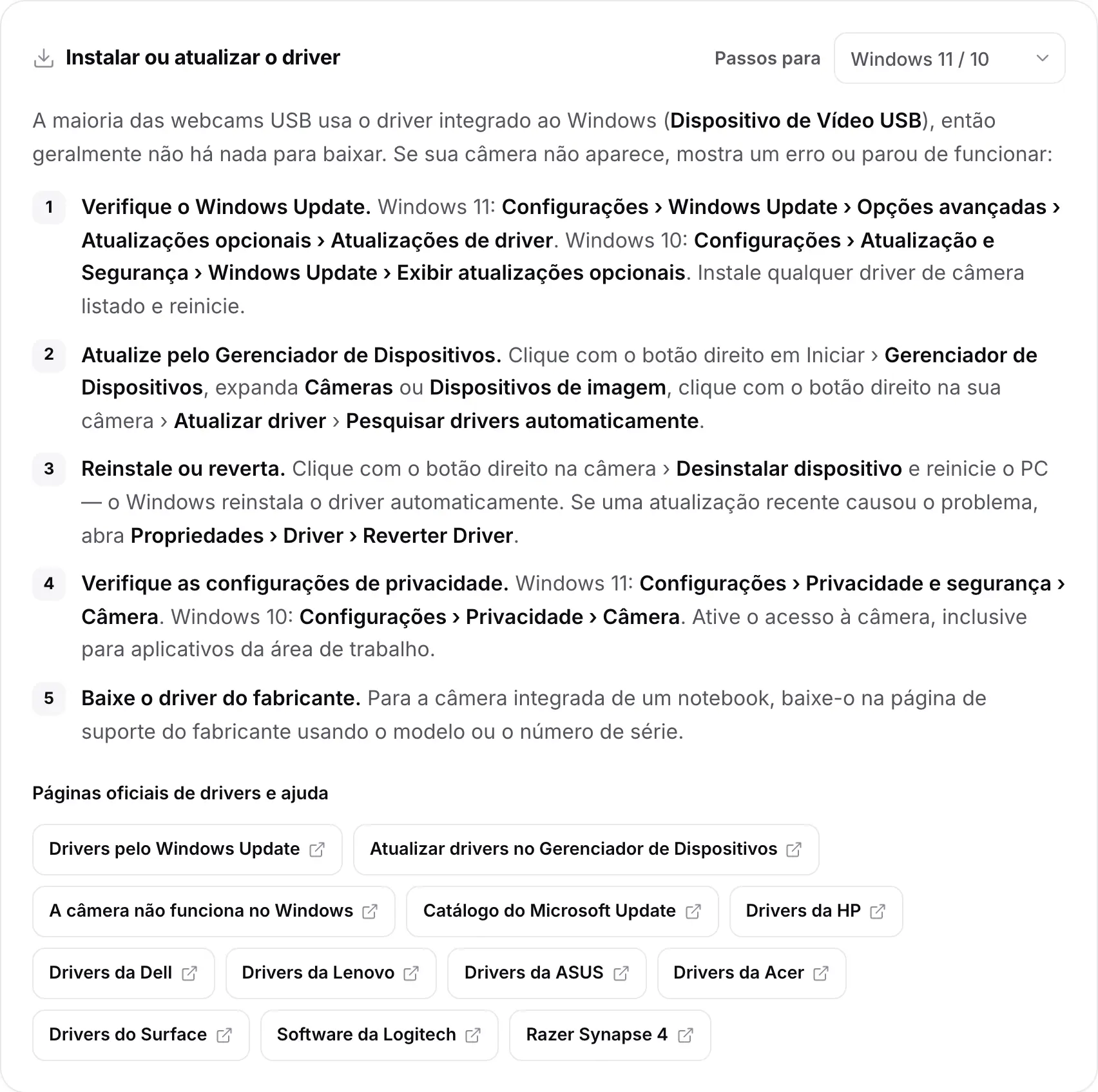 O cartão Instalar ou atualizar o driver com os passos do Windows 11 / 10 e links para páginas oficiais de drivers e ajuda