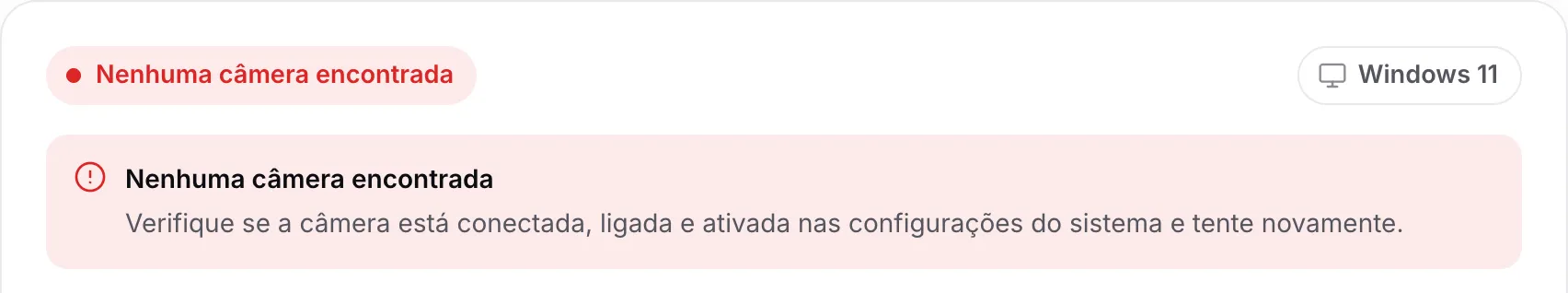 O localizador de driver de webcam mostrando “Nenhuma câmera encontrada” com o conselho de verificar se a câmera está conectada, ligada e ativada