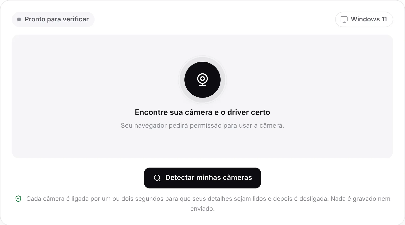 O localizador de driver de webcam antes da verificação, com o botão Detectar minhas câmeras e o sistema detectado, Windows 11