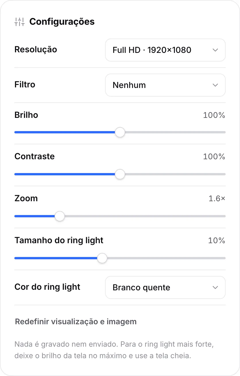 Configurações do espelho com brilho, contraste, zoom de 1,6×, tamanho do ring light de 10% e cor do ring light Branco quente