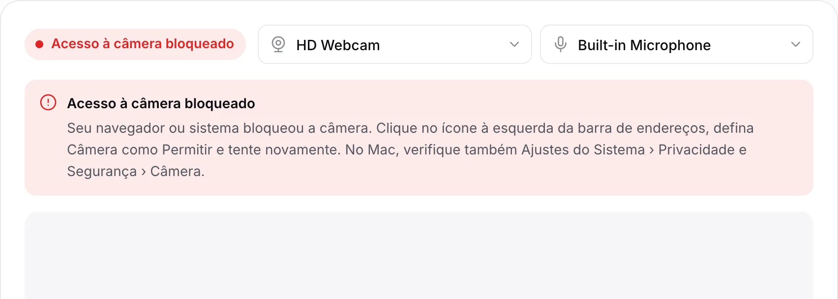 O gravador de webcam mostrando a mensagem vermelha “Acesso à câmera bloqueado” com instruções