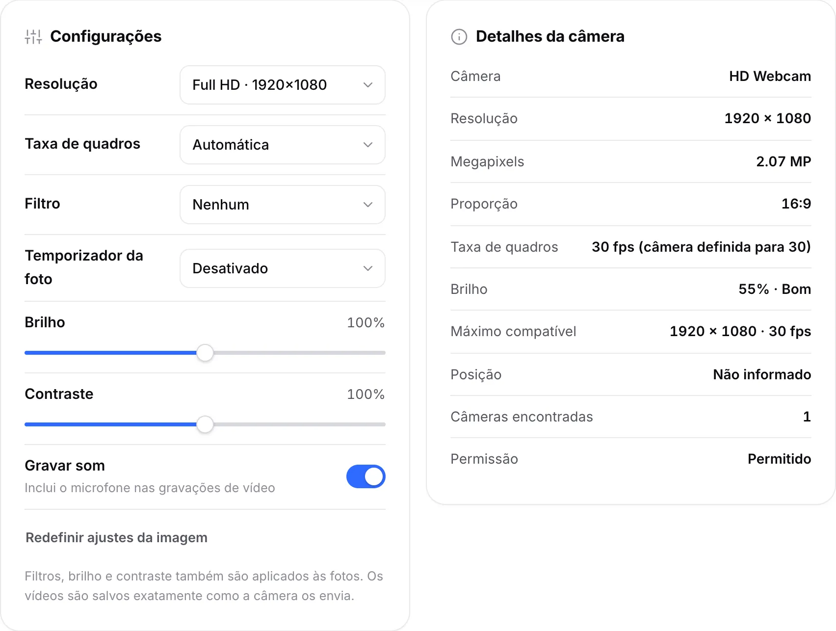 Configurações com a resolução em Full HD ao lado dos Detalhes da câmera mostrando 1920 × 1080, 30 fps e brilho 55% · Bom