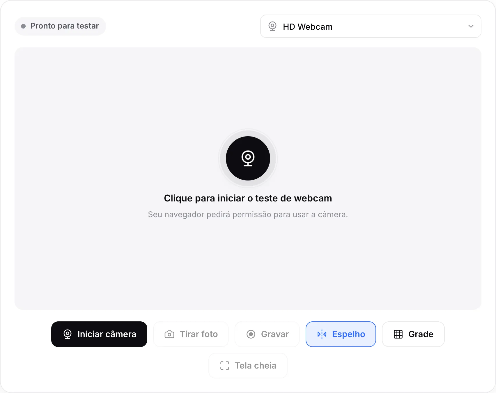 O teste de webcam antes de começar, com o botão Iniciar câmera e o menu de câmeras