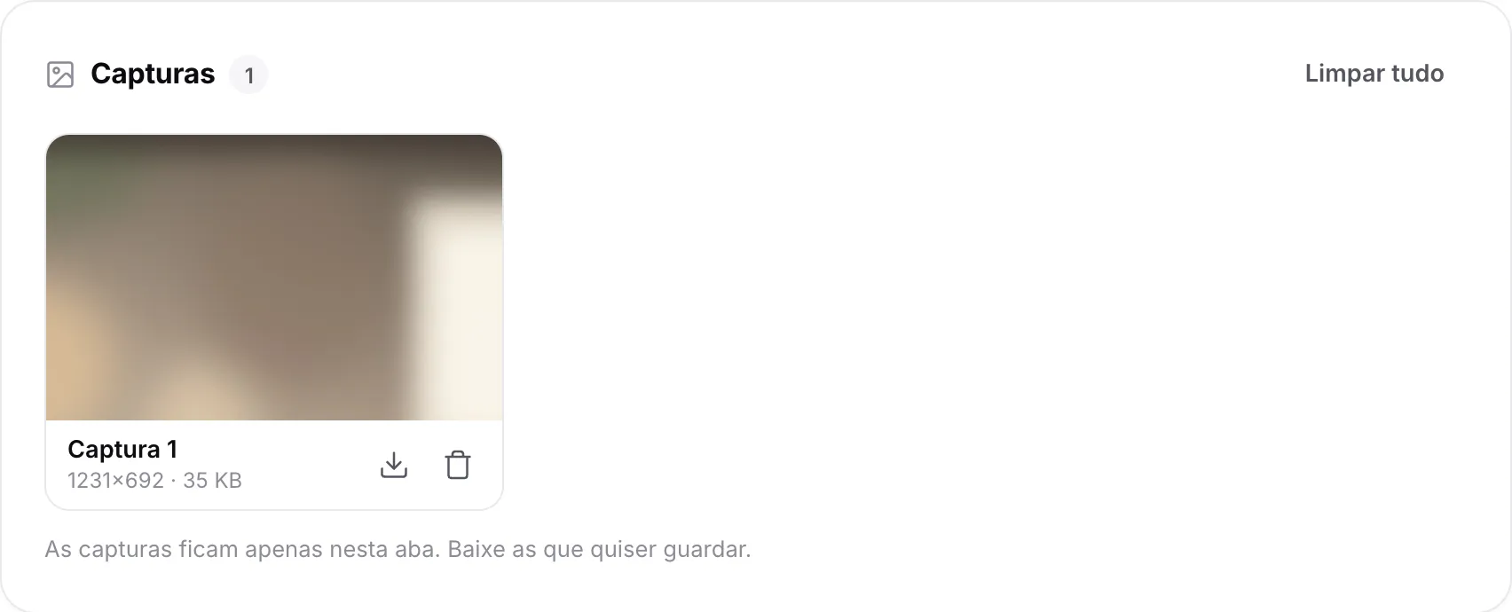 Uma captura da visualização com zoom e de cabeça para baixo na lista de Capturas, 1231×692, com botões de baixar e excluir
