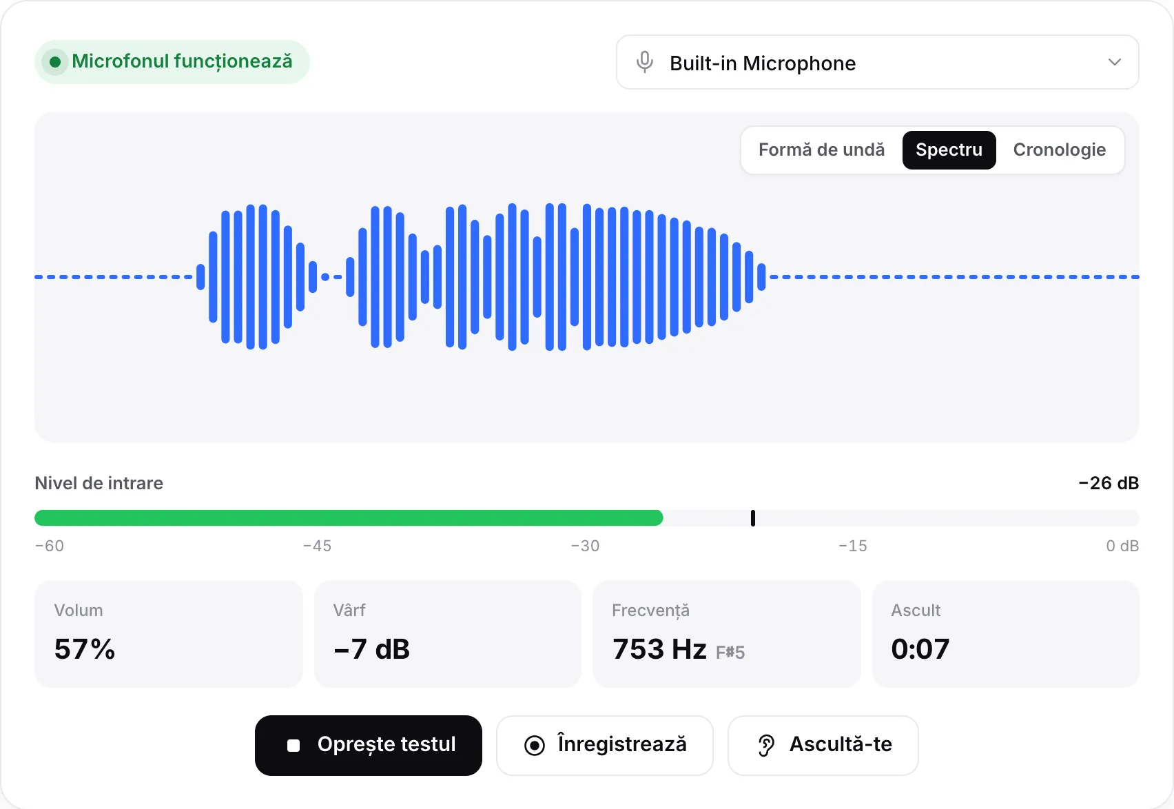 Testul microfonului în vizualizarea Spectru, cu bare în mișcare, nivel de intrare de −23 dB și starea verde „Microfonul funcționează”