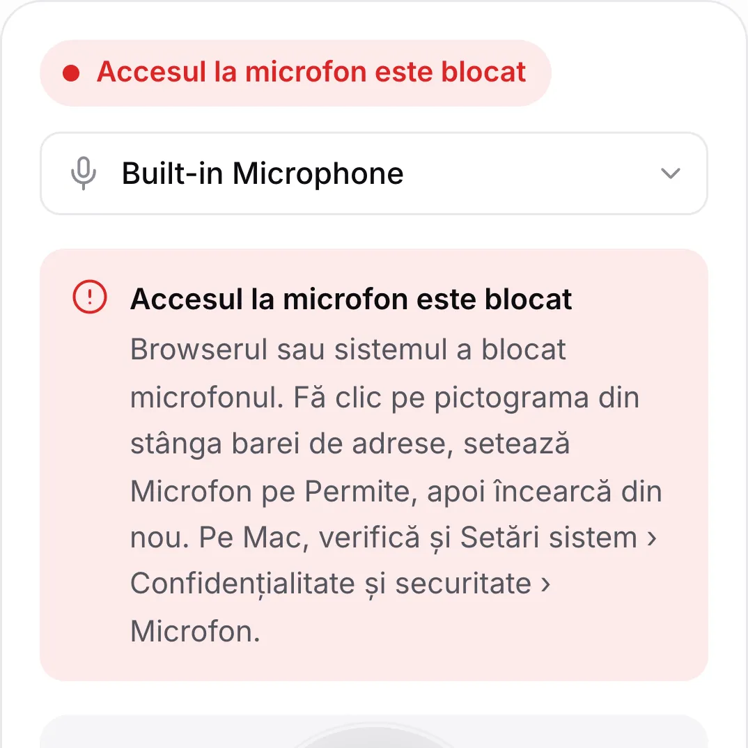 Testul microfonului pe un telefon, afișând mesajul roșu „Accesul la microfon este blocat”