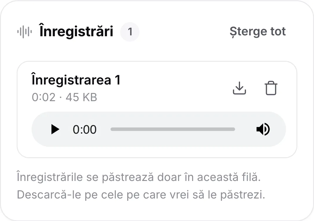 O înregistrare pe un telefon, cu durata ei, un player și butoanele de descărcare și ștergere