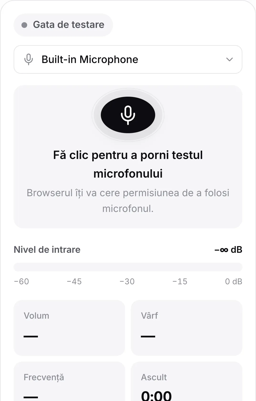 Testul microfonului pe un telefon înainte de pornire, cu butonul mare cu microfon