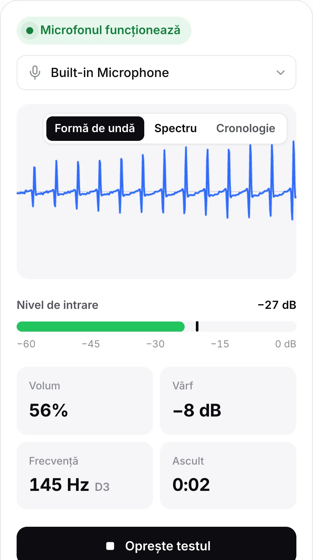 Testul microfonului pe un telefon, cu formă de undă în mișcare, nivel de intrare de −25 dB și starea verde „Microfonul funcționează”