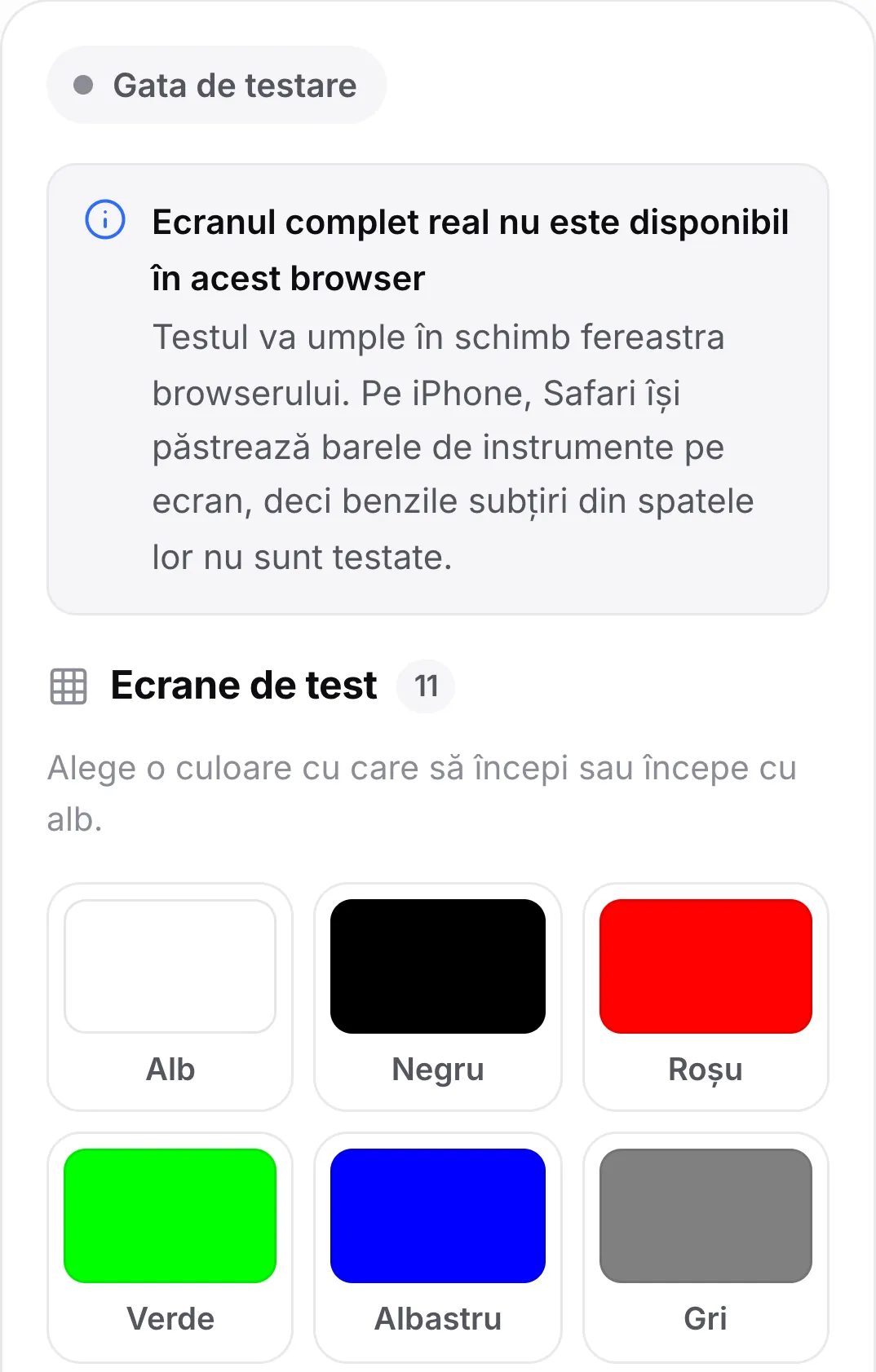 Testul pixelilor morți pe un iPhone, afișând mesajul „Ecranul complet real nu este disponibil în acest browser” deasupra mostrelor de culoare