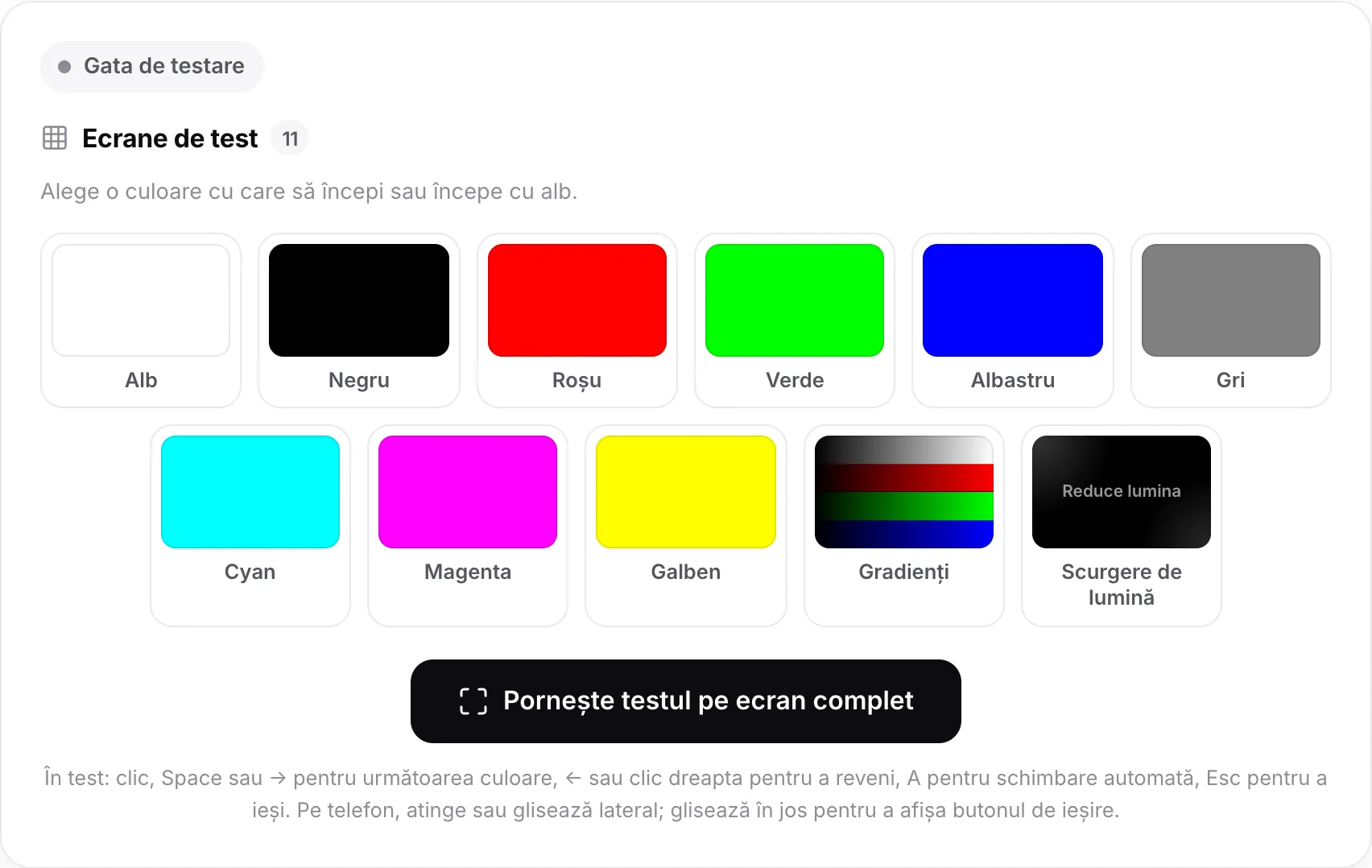 Testul pixelilor morți cu unsprezece mostre de culoare, de la Alb la Scurgere de lumină, deasupra butonului Pornește testul pe ecran complet