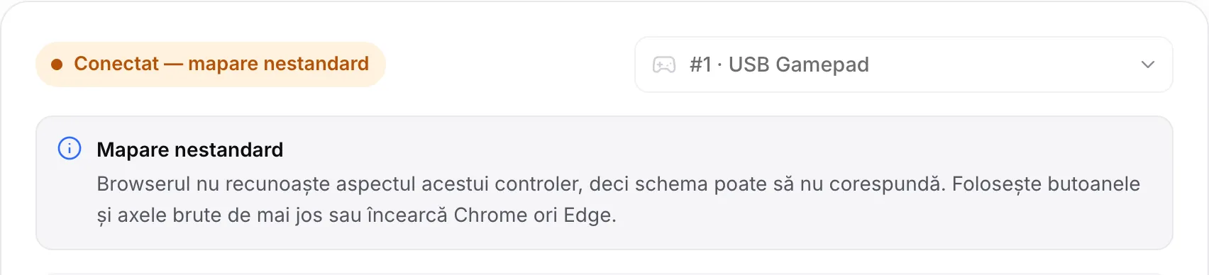 Testerul afișând un USB Gamepad cu starea portocalie „Conectat — mapare nestandard” și un mesaj de a folosi valorile brute