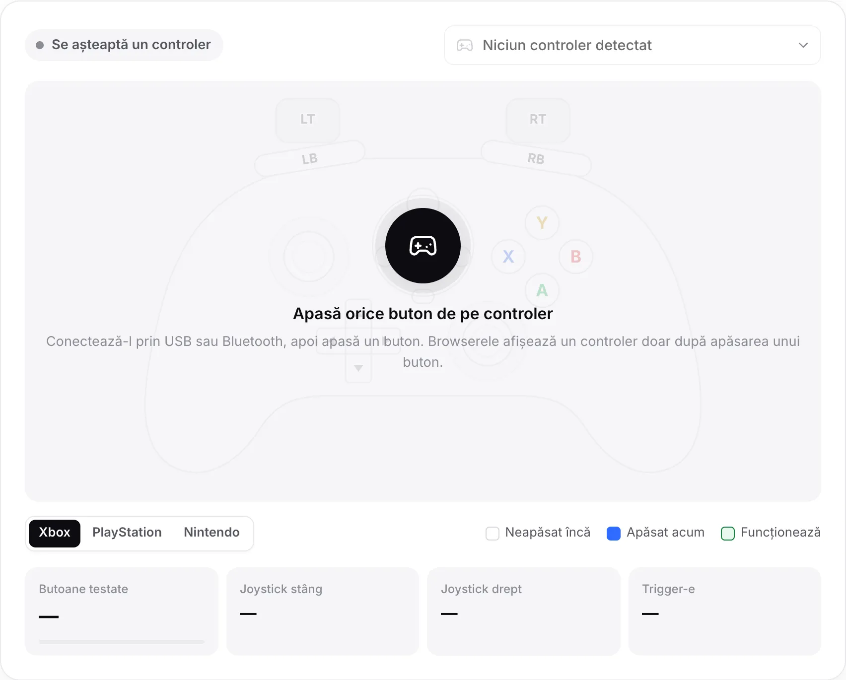 Testul gamepad așteptând un controler, cu mesajul „Apasă orice buton de pe controler”