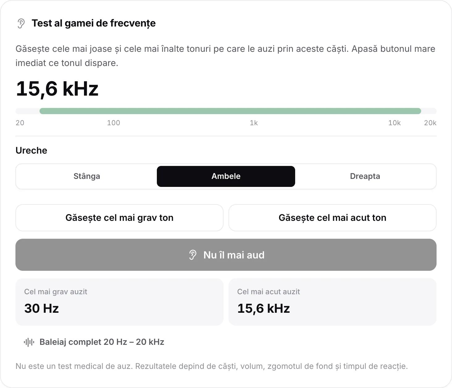 Testul gamei de frecvențe cu rezultate: cel mai grav ton auzit 30 Hz, cel mai acut 15,6 kHz, afișate ca o bandă verde pe scară