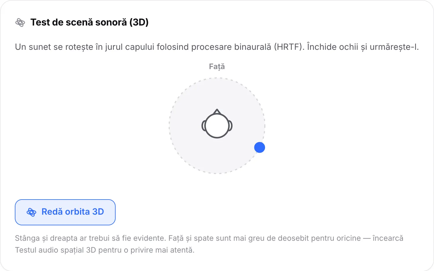 Testul scenei sonore redând orbita 3D, cu punctul deplasându-se în jurul capului, acum în spatele urechii drepte