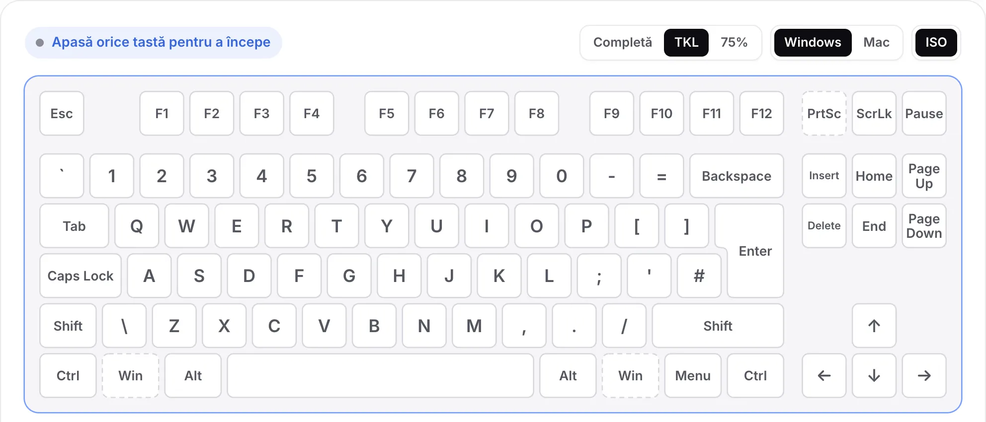 Aspectul TKL cu ISO activat: o tastă Enter înaltă și o tastă suplimentară lângă Shift stâng, fără tastatură numerică