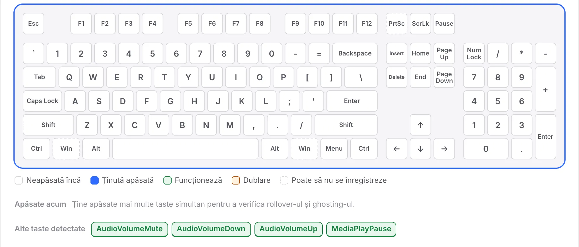 Rândul F încă alb, în timp ce AudioVolumeMute, AudioVolumeDown, AudioVolumeUp și MediaPlayPause sunt listate la Alte taste detectate