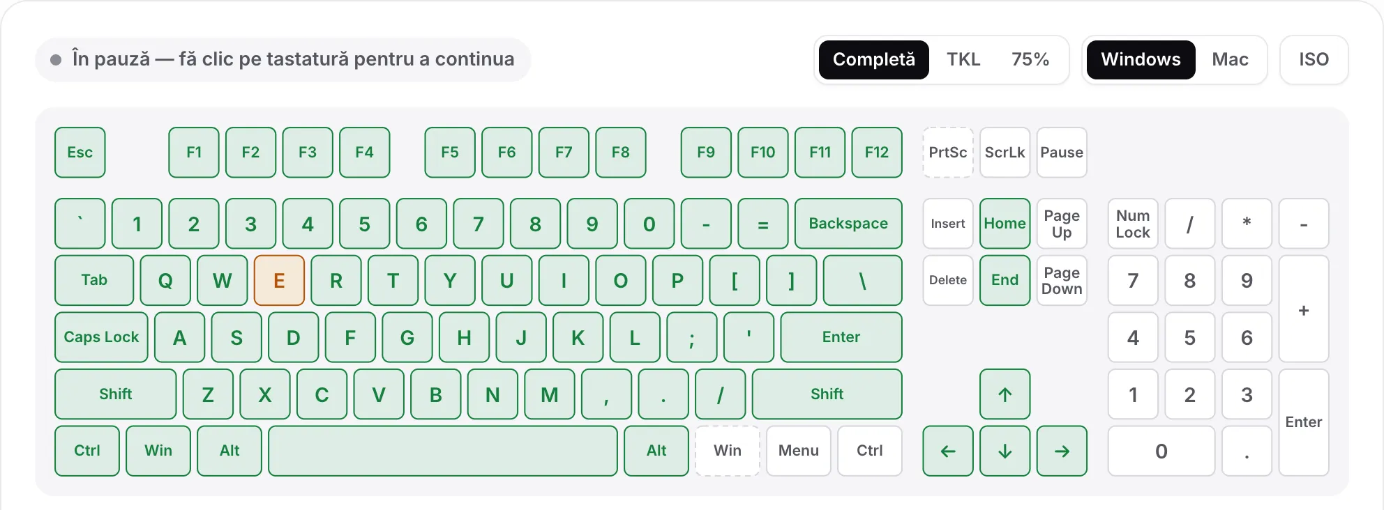 Testul tastaturii în pauză, cu starea gri „În pauză — fă clic pe tastatură pentru a continua”