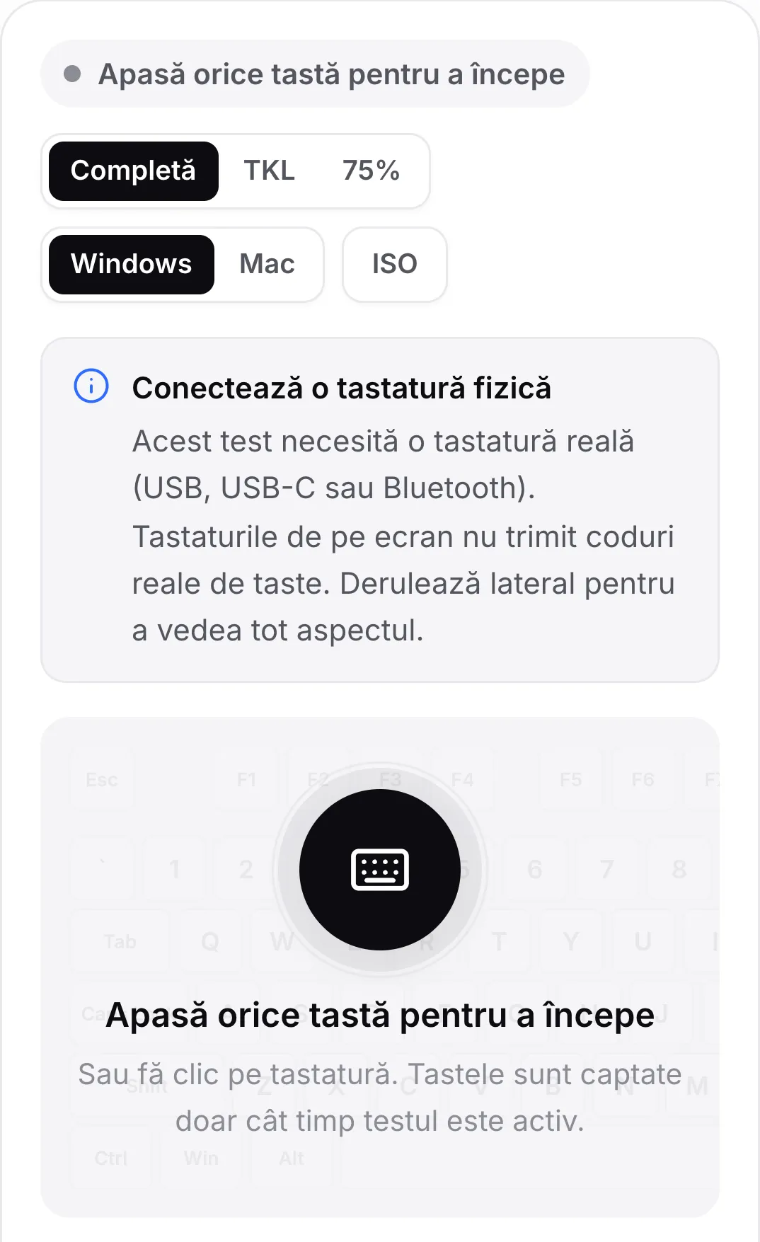 Testul tastaturii pe un telefon, cu mesajul „Conectează o tastatură fizică”