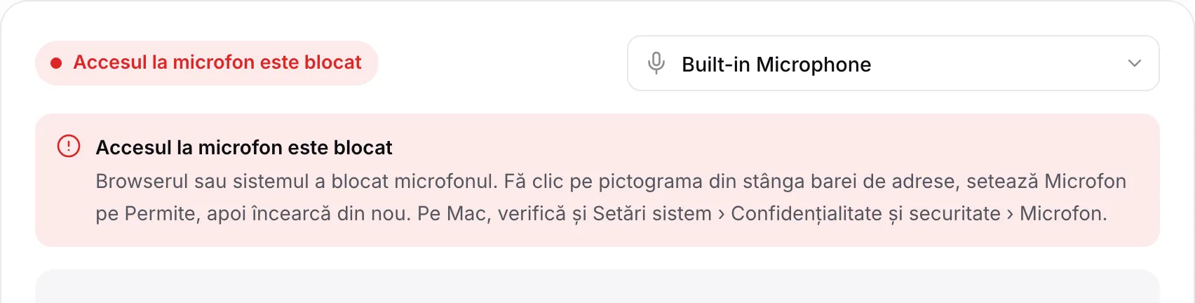 Testul microfonului afișând mesajul roșu „Accesul la microfon este blocat” cu instrucțiuni