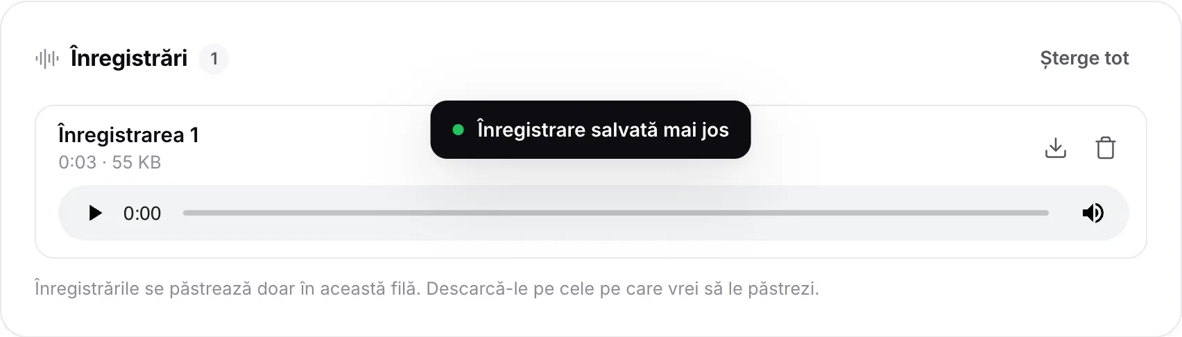 O înregistrare în lista Înregistrări, cu durata și dimensiunea ei, un player și butoanele de descărcare și ștergere