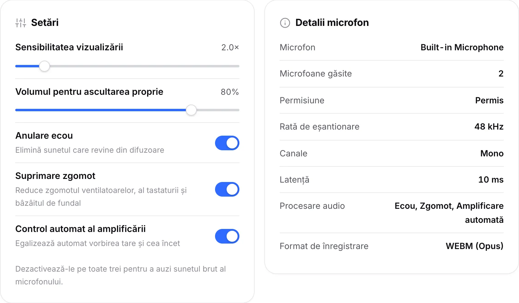 Panoul Setări cu comutatoarele de procesare audio, lângă panoul Detalii microfon