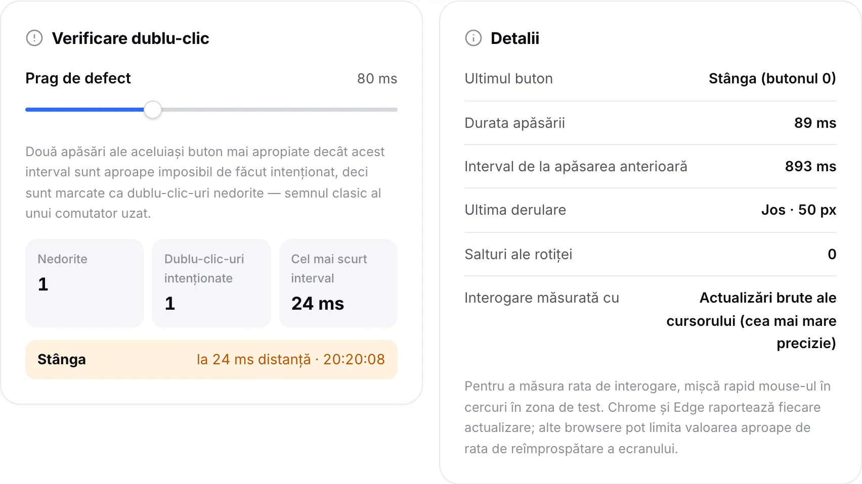 Panoul Verificare dublu-clic listând un dublu-clic nedorit pe butonul stâng și un dublu-clic intenționat, lângă panoul Detalii