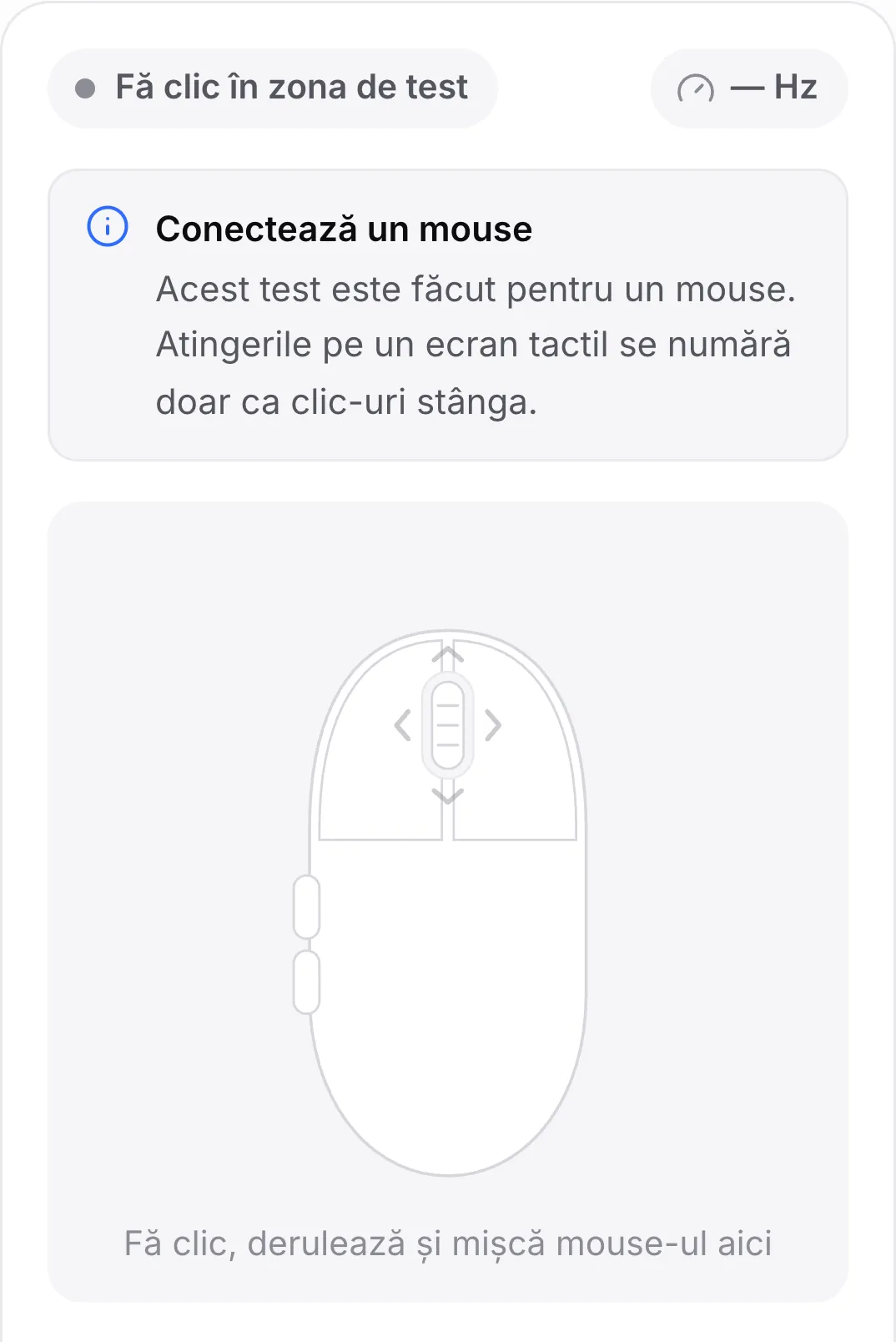 Testul mouse-ului pe un telefon, cu mesajul „Conectează un mouse”