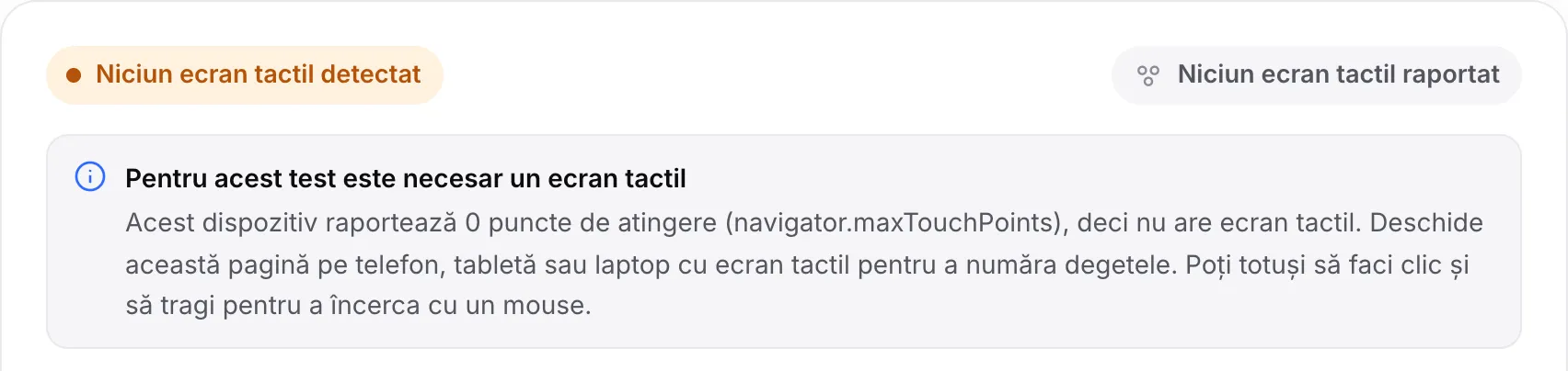 Testul multi-touch pe un computer: starea portocalie „Niciun ecran tactil detectat” și mesajul „Pentru acest test este necesar un ecran tactil”