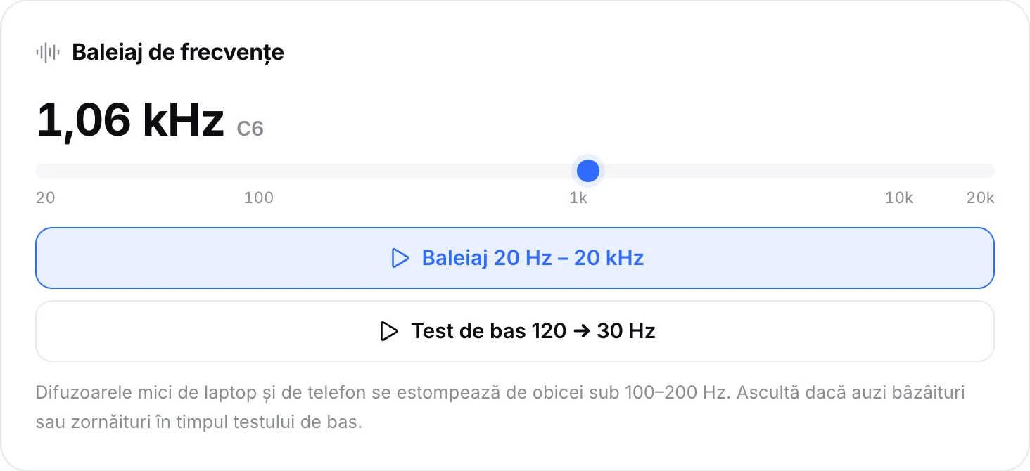 Baleiajul de frecvențe redat la 1,06 kHz (nota C6), cu markerul chiar după 1k pe scară
