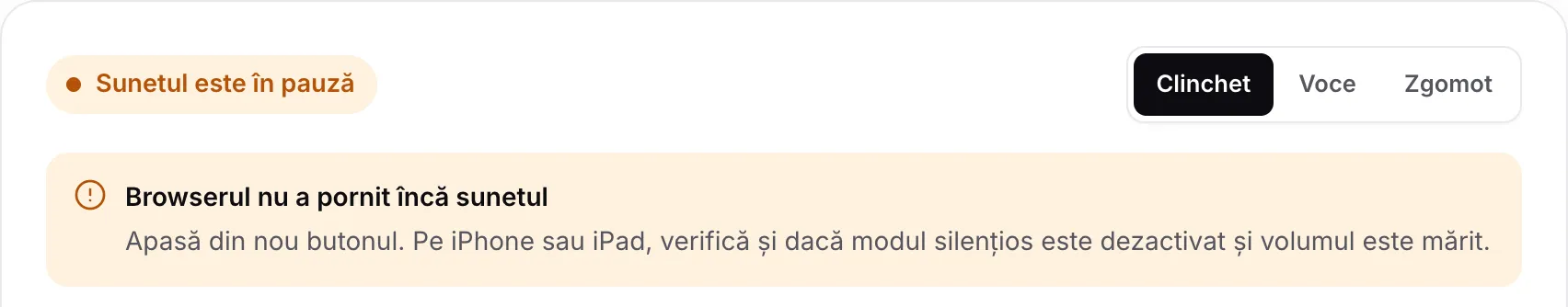 Testul de sunet afișând starea portocalie „Sunetul este în pauză” și mesajul „Browserul nu a pornit încă sunetul”