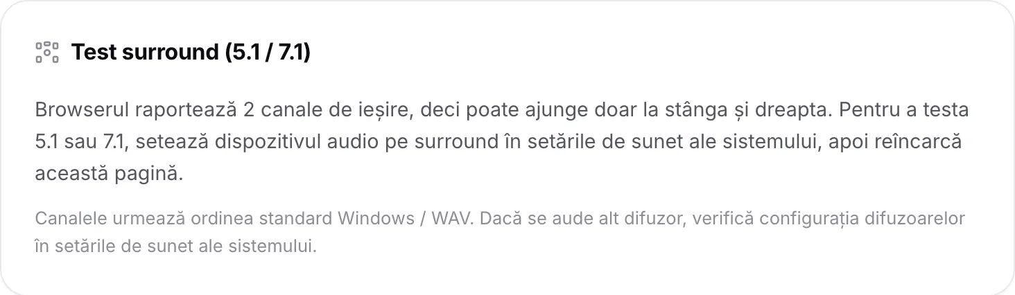 Testul surround explicând că browserul raportează 2 canale de ieșire, deci poate ajunge doar la stânga și dreapta