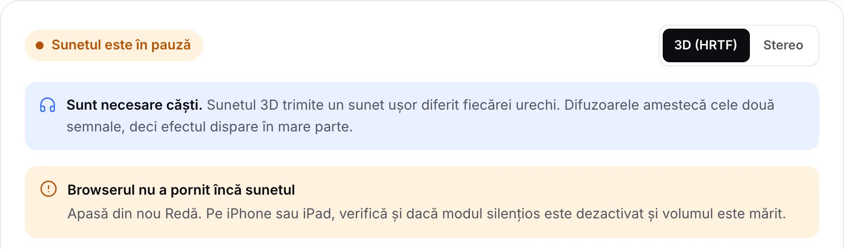 Testul audio 3D afișând starea portocalie „Sunetul este în pauză” și mesajul „Browserul nu a pornit încă sunetul”