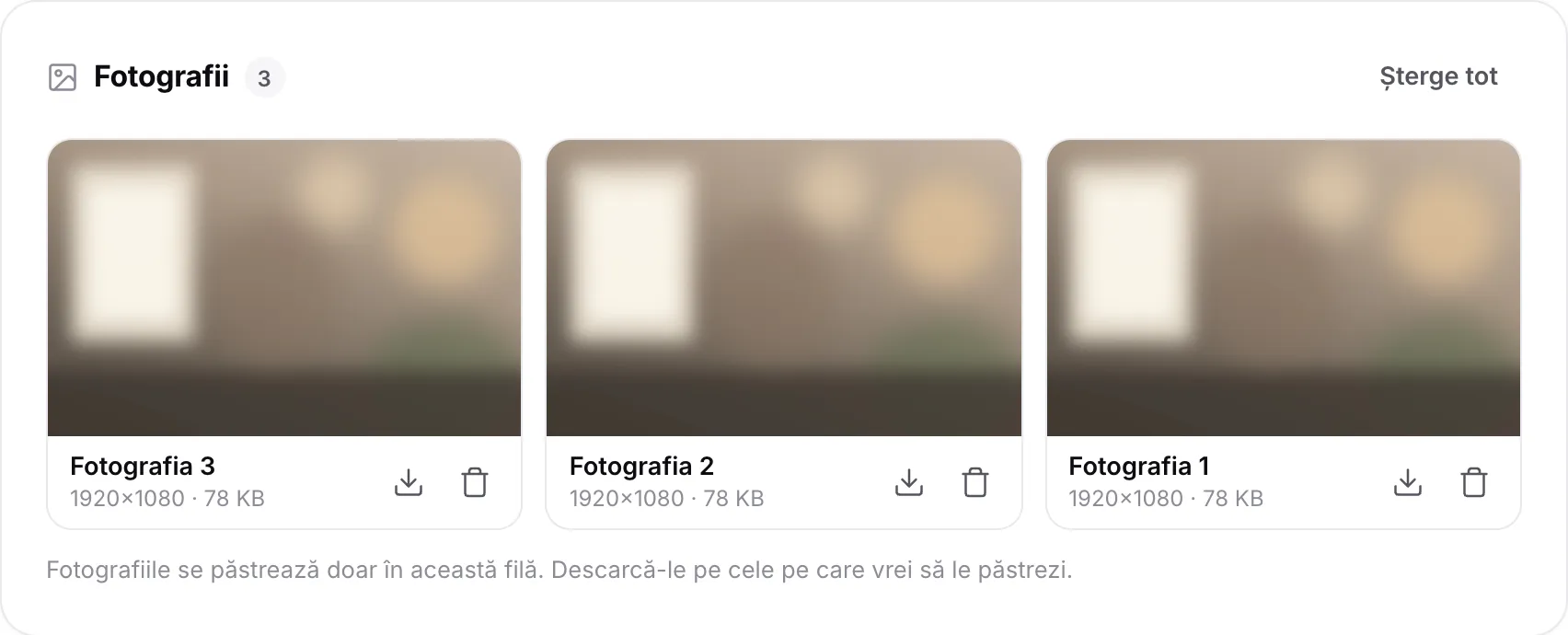 Trei fotografii în rafală în lista Fotografii, fiecare de 1920×1080, cu butoane de descărcare și ștergere