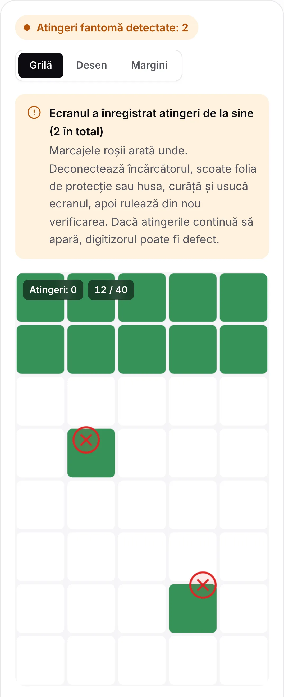 Rezultatul verificării atingerilor fantomă: starea portocalie „Atingeri fantomă detectate: 2”, sfatul de a deconecta încărcătorul și de a curăța ecranul și două marcaje roșii pe grilă