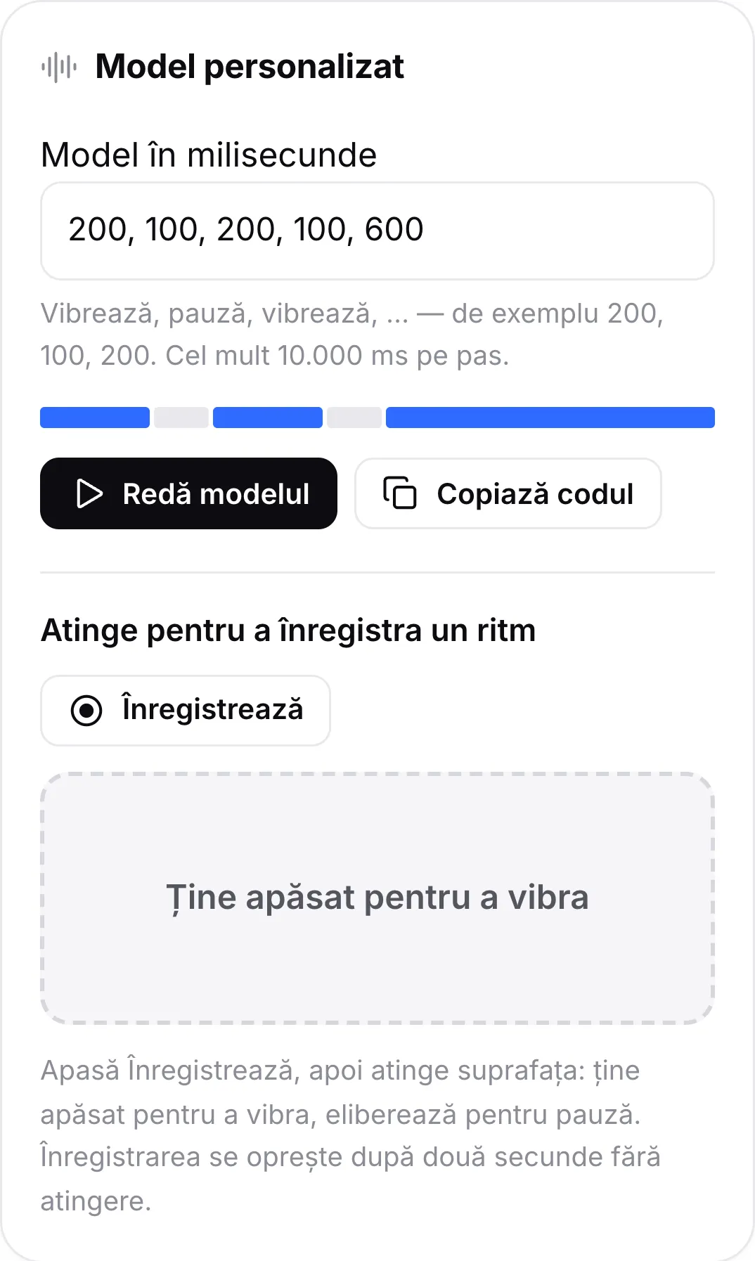 Cardul Model personalizat cu modelul 200, 100, 200, 100, 600, bara sa de previzualizare, butoanele Redă modelul și Copiază codul și suprafața tactilă pentru înregistrarea unui ritm