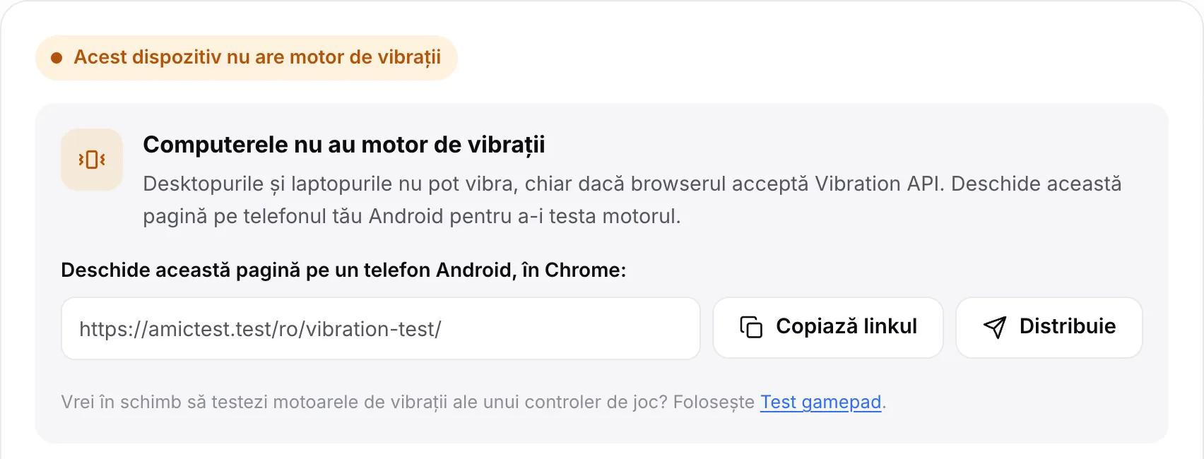 Testul vibrațiilor pe un computer: starea portocalie „Acest dispozitiv nu are motor de vibrații”, cu linkul paginii și butoanele Copiază linkul și Distribuie