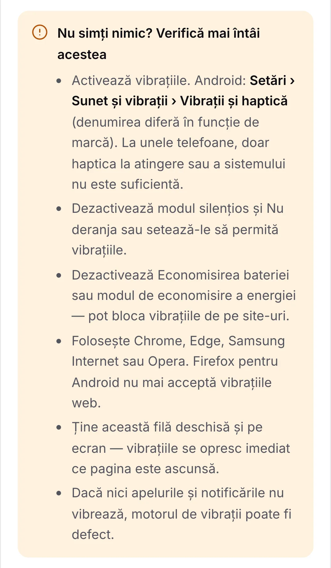 Lista de verificare „Nu simți nimic? Verifică mai întâi acestea” cu șase sfaturi, începând cu activarea vibrațiilor în setările Android